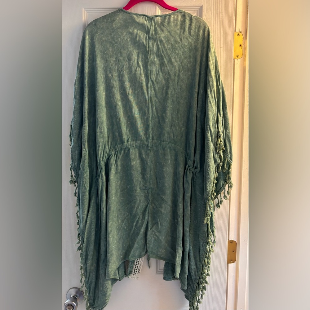 Easel Sage Green Open Front Kimono Tassels and Crochet Trim Boho Oversized - Picture 2 of 4